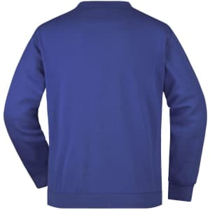 A blue men's round sweat pocket jumper, featuring long sleeves and a back view. It includes a logo on the fabric.