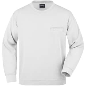 A light grey men's round sweat pocket jumper with a logo and a front pocket.