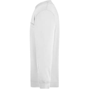 A light grey round neck sweat pocket jumper with long sleeves and a logo on the chest.