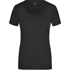 A black ladies stretch round t-shirt with short sleeves and a rounded neckline. It features a logo.