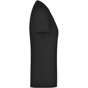A black ladies' stretch t-shirt displayed from the side, featuring a fitted silhouette and short sleeves.