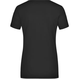 A black ladies' T-shirt with a round neck and short sleeves, featuring a branding logo.