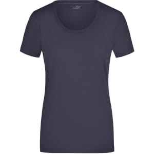 A ladies' stretch T-shirt in dark navy, featuring a round neckline and short sleeves. It has a logo.