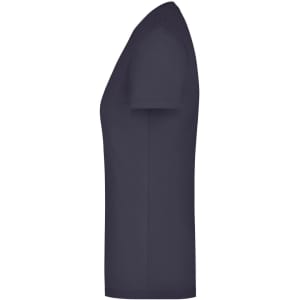 A women's navy stretch t-shirt with a round neckline and short sleeves, featuring a logo on the side.