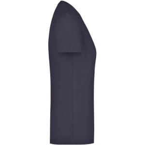 A navy blue stretch T-shirt displayed from the side, featuring a fitted silhouette and short sleeves.