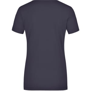 A women's navy T-shirt featuring a round neck and short sleeves, with a plain design and a logo.