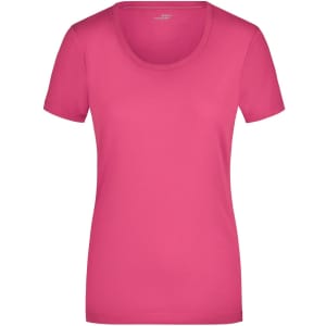 A pink ladies' stretch round-neck T-shirt with short sleeves and a fitted design. It features a logo on the label.