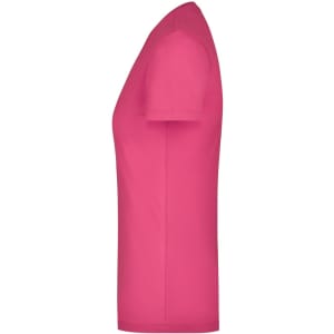 A pink ladies' stretch round T-shirt displayed from the side, featuring a fitted silhouette and short sleeves.