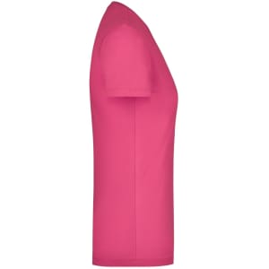 A pink short-sleeved t-shirt featuring a fitted design and a brand logo on the side.
