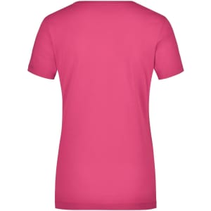 A pink ladies' stretch round T-shirt with a fitted design and short sleeves. The shirt has a plain back and includes a logo.