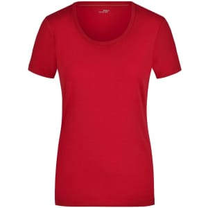 A red Ladies Stretch Round-T shirt with a scoop neck and short sleeves, featuring a logo on the label.
