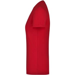A red ladies' stretch round T-shirt displayed from the side, featuring short sleeves and a fitted silhouette.