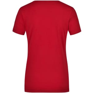 A red ladies' t-shirt with a round neck and short sleeves. It features a logo on the back.