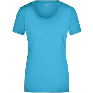 A turquoise ladies stretch round T-shirt featuring a scoop neckline and short sleeves, with a branding logo.