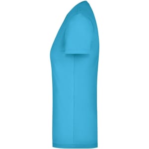 A turquoise ladies' t-shirt featuring a round neck and short sleeves, with a simple design and a logo present.