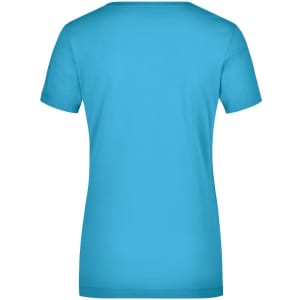 A turquoise ladies' stretch round T-shirt with a fitted design and short sleeves. The back view shows a plain style.