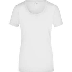 A white ladies' t-shirt with a round neck and short sleeves. The shirt has a logo on it.