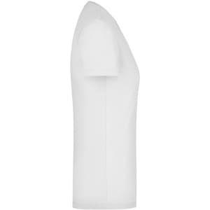A white ladies' stretch round T-shirt displayed from the side, featuring short sleeves and a fitted silhouette.