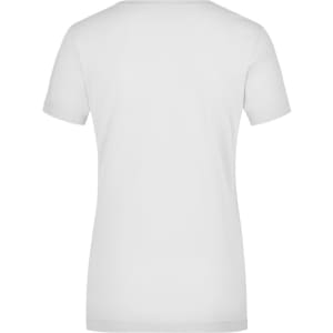 A white ladies' stretch round T-shirt with a fitted design and short sleeves, featuring a logo on the back.
