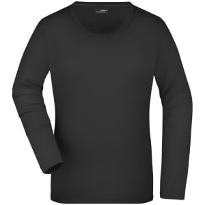 A black long-sleeve stretch shirt with a round neckline and a subtle logo. Suitable for various casual occasions.