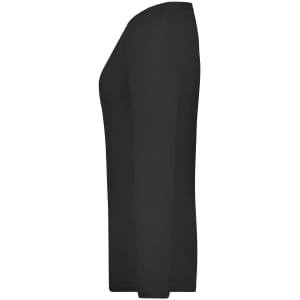 A black long-sleeve ladies stretch shirt displayed from the side, featuring a simple design and a logo.