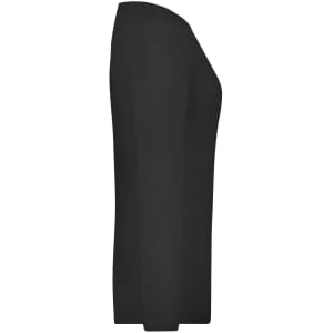 A black long-sleeve stretch shirt viewed from the side, featuring a smooth, fitted design and a logo.