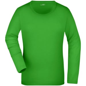 A green long-sleeve stretch shirt with a round neckline and a branded label.