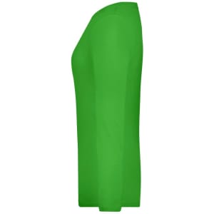 A green long-sleeve ladies' stretch shirt with a fitted design and a simple style. Features a logo on the garment.