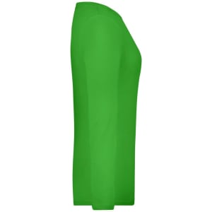 A green ladies' long-sleeve stretch shirt with a fitted design, featuring a logo.