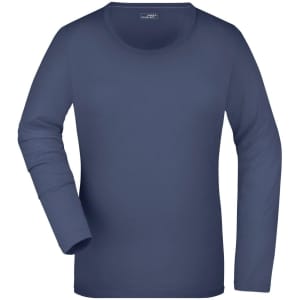A ladies' long-sleeve shirt in navy blue with a round neck and a smooth fabric. It has a logo on the label.