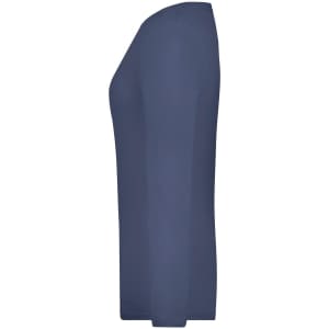 A navy ladies stretch long sleeve shirt with a fitted design and a simple round neckline.