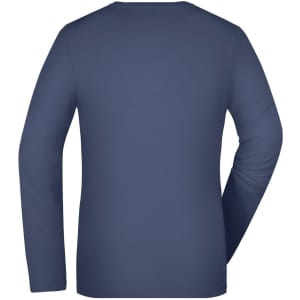 A navy long-sleeve ladies stretch shirt shown from the back, featuring a logo on one side.