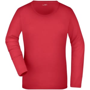 A red ladies' stretch long-sleeve shirt with a round neckline and one visible arm. It features a logo.