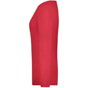 A side view of a long-sleeved shirt in vibrant red with a streamlined silhouette. The shirt features a logo.