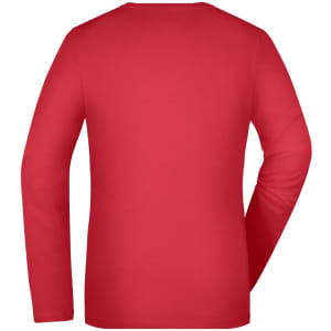 A long-sleeved women's stretch shirt in red, featuring a simple design with a back view. It has a logo.