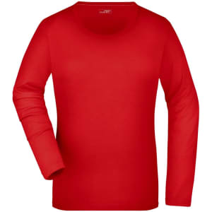 A red long-sleeved stretch shirt for women, featuring a round neckline and a fitted design. It has a logo.