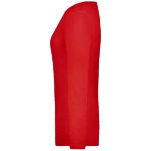 A red ladies' long sleeve stretch shirt viewed from the side, featuring a fitted silhouette and a smooth finish.