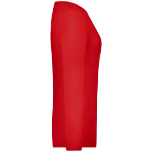 A red ladies stretch long sleeve shirt shown from the side, featuring a fitted design and a logo.