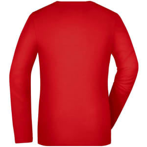 A red long-sleeve shirt with a plain back, featuring a logo on the label.