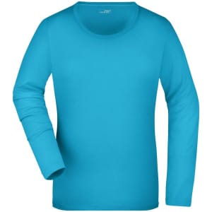 A turquoise ladies' long-sleeve stretch shirt with a round neckline and a logo.