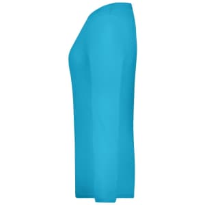 A blue long-sleeved women's stretch shirt displayed from the side, featuring a simple design.