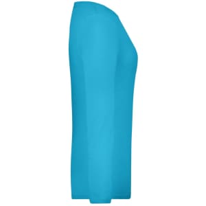 A long-sleeve ladies' shirt in bright turquoise, featuring a simple design and fitted silhouette.