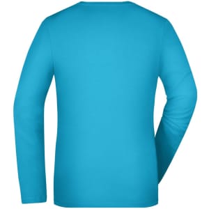 A turquoise long-sleeve stretch shirt with a plain back view. The shirt features a logo or branding.