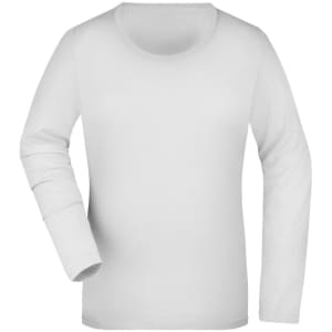 A white long-sleeved ladies' stretch shirt with a round neckline and a slight logo.