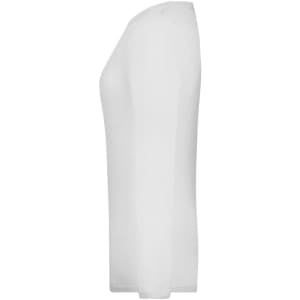 A white long-sleeved ladies stretch shirt with a slim fit and a subtle logo.