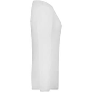 A white ladies stretch long-sleeve shirt viewed from the side, featuring a simple design and a logo.