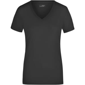 A black ladies' stretch V-neck T-shirt with short sleeves and a branding logo.
