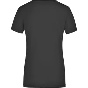 A black ladies' T-shirt featuring a V-neck and short sleeves, with a logo on the back.