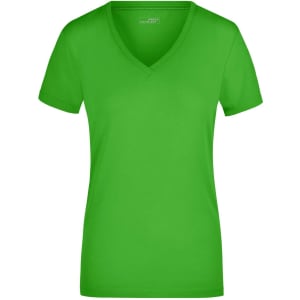 A green ladies' stretch V-neck T-shirt with short sleeves and a fitted design. It features a logo on the label.
