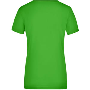 A green ladies' stretch V-neck t-shirt featuring a fitted style and short sleeves, with a logo on the back.